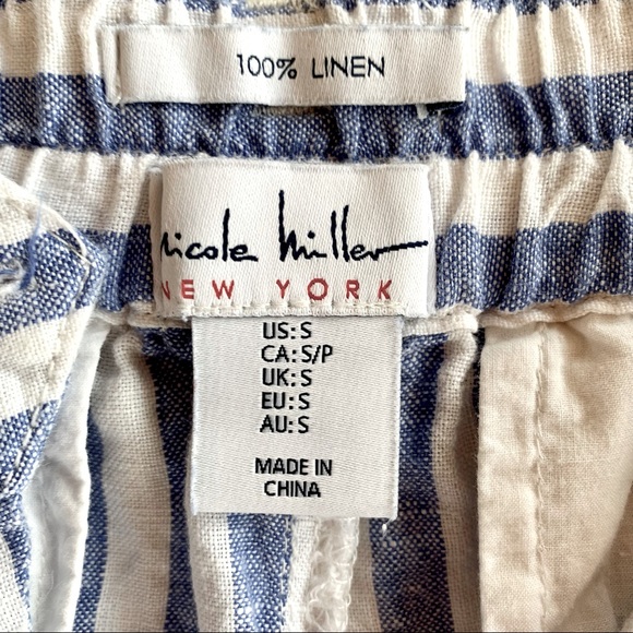 100% Linen Nicole Miller Striped Shorts in Blue & White with Rope Tie Belt - Picture 5 of 9